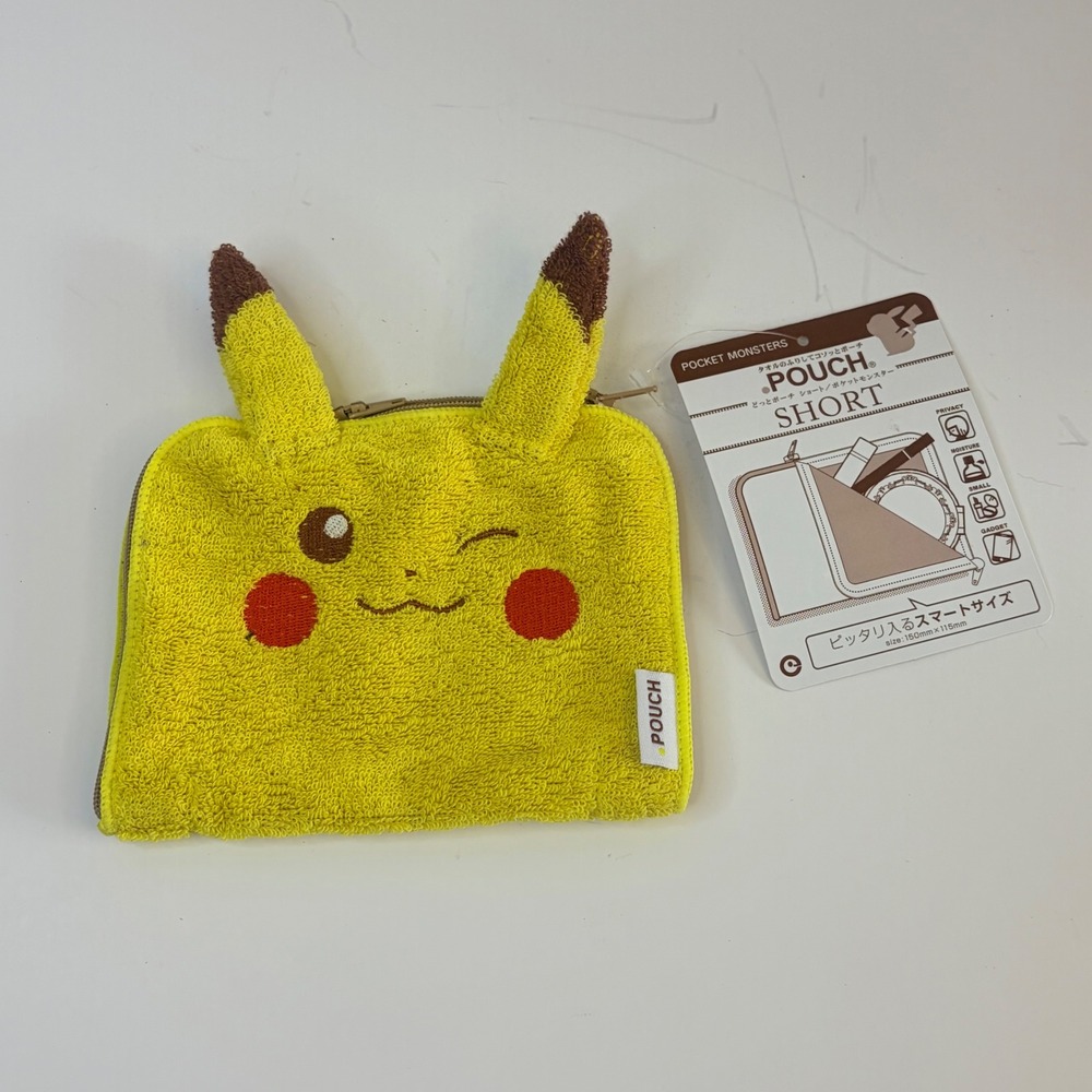 Pokemon Pikachu Towel Pouch Short Yellow Terry Cloth Zipper Bag Eyeup Japan NWT
